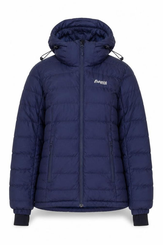 Front view of Bergans of Norway women’s blue xs puffer jacket hooded down winter coat