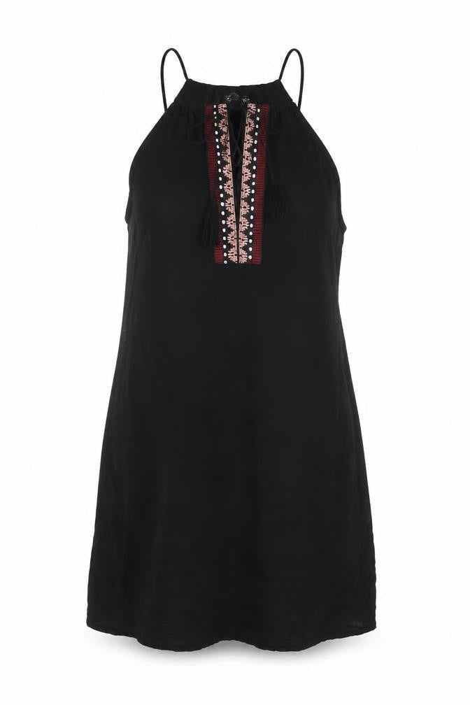 Front view of ESMARA Women Black Embroidered Halter Shift Dress, size 10