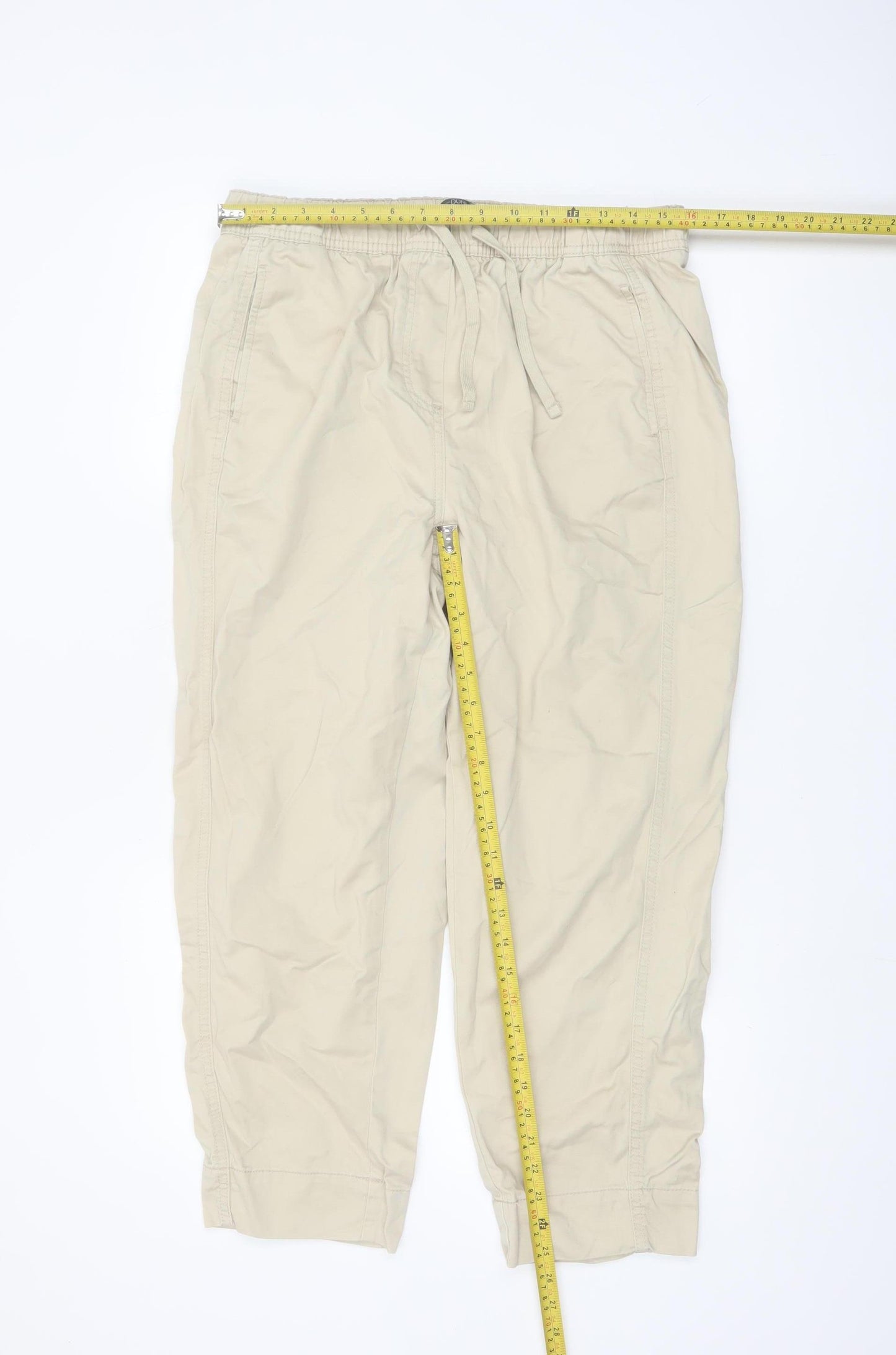 Dunnes Women Beige Cropped Cotton Trousers Size 12 Elastic Waist