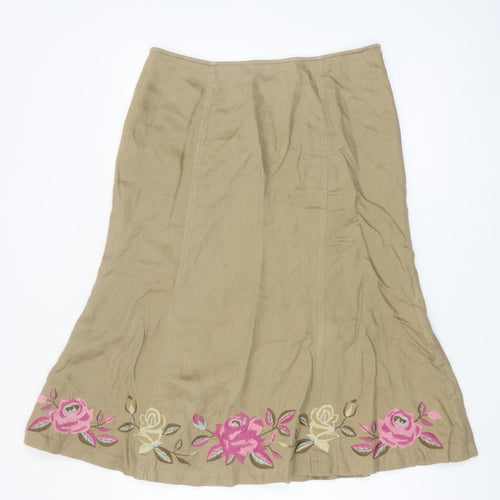 Planet Women's Beige Floral Embroidered Linen Midi A-Line Skirt Size 10