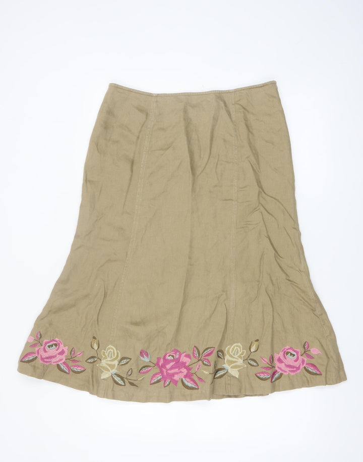 Planet Women's Beige Floral Embroidered Linen Midi A-Line Skirt Size 10
