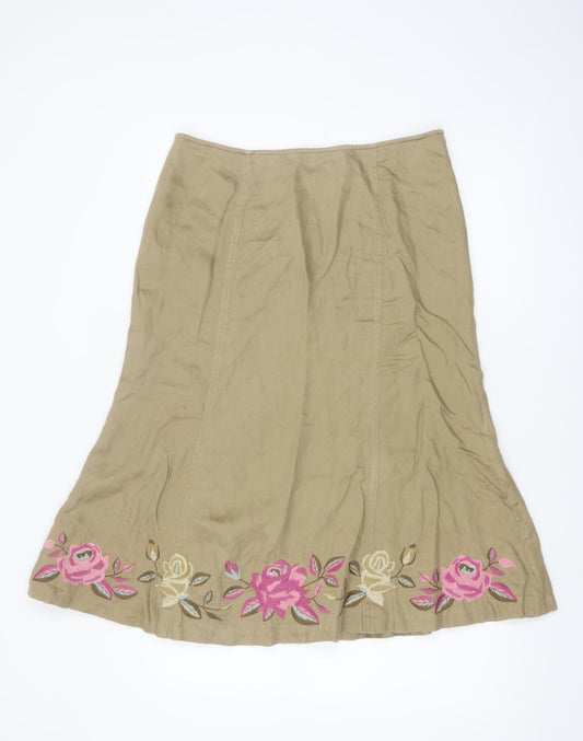 Planet Women's Beige Floral Embroidered Linen Midi A-Line Skirt Size 10