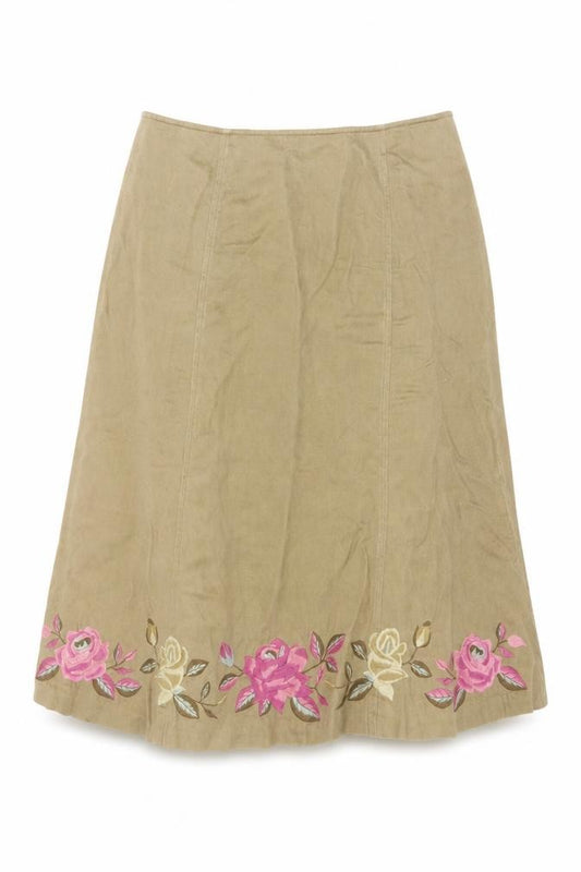 Front view of Planet Women's Beige Floral Embroidered Linen Midi A-Line Skirt, size 10