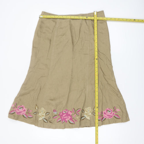 Planet Women's Beige Floral Embroidered Linen Midi A-Line Skirt Size 10