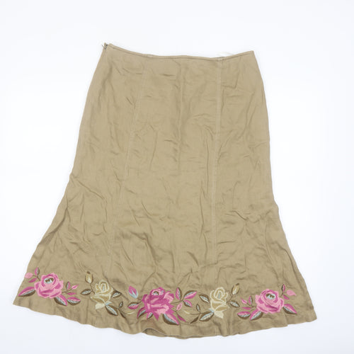 Planet Women's Beige Floral Embroidered Linen Midi A-Line Skirt Size 10