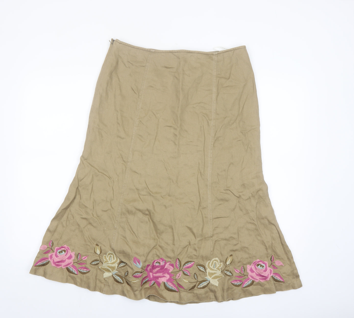 Planet Women's Beige Floral Embroidered Linen Midi A-Line Skirt Size 10