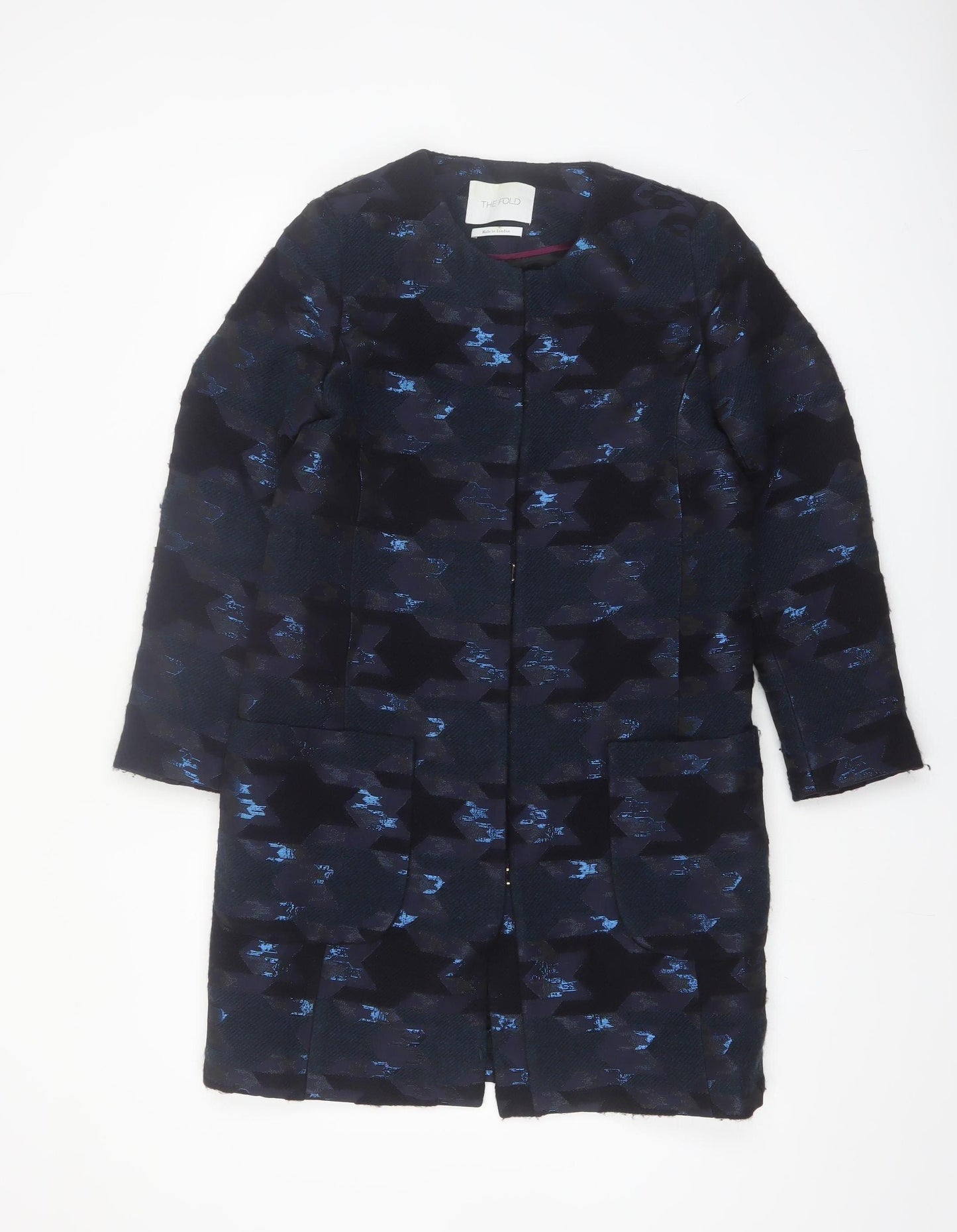 The Fold Women's Blue Geometric Wool Blend Long Coat Size 6
