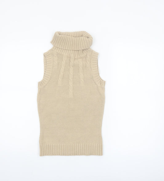 Dorothy Perkins Women Beige Size 8 Sleeveless Roll Neck Cable Knit Jumper Vest