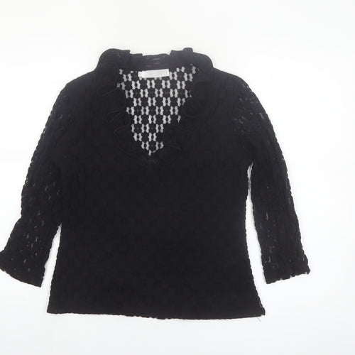 Rayure Paris Women Black Lace Ruffle V-Neck Blouse Size 8