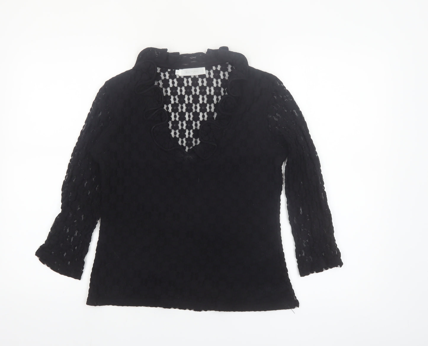 Rayure Paris Women Black Lace Ruffle V-Neck Blouse Size 8