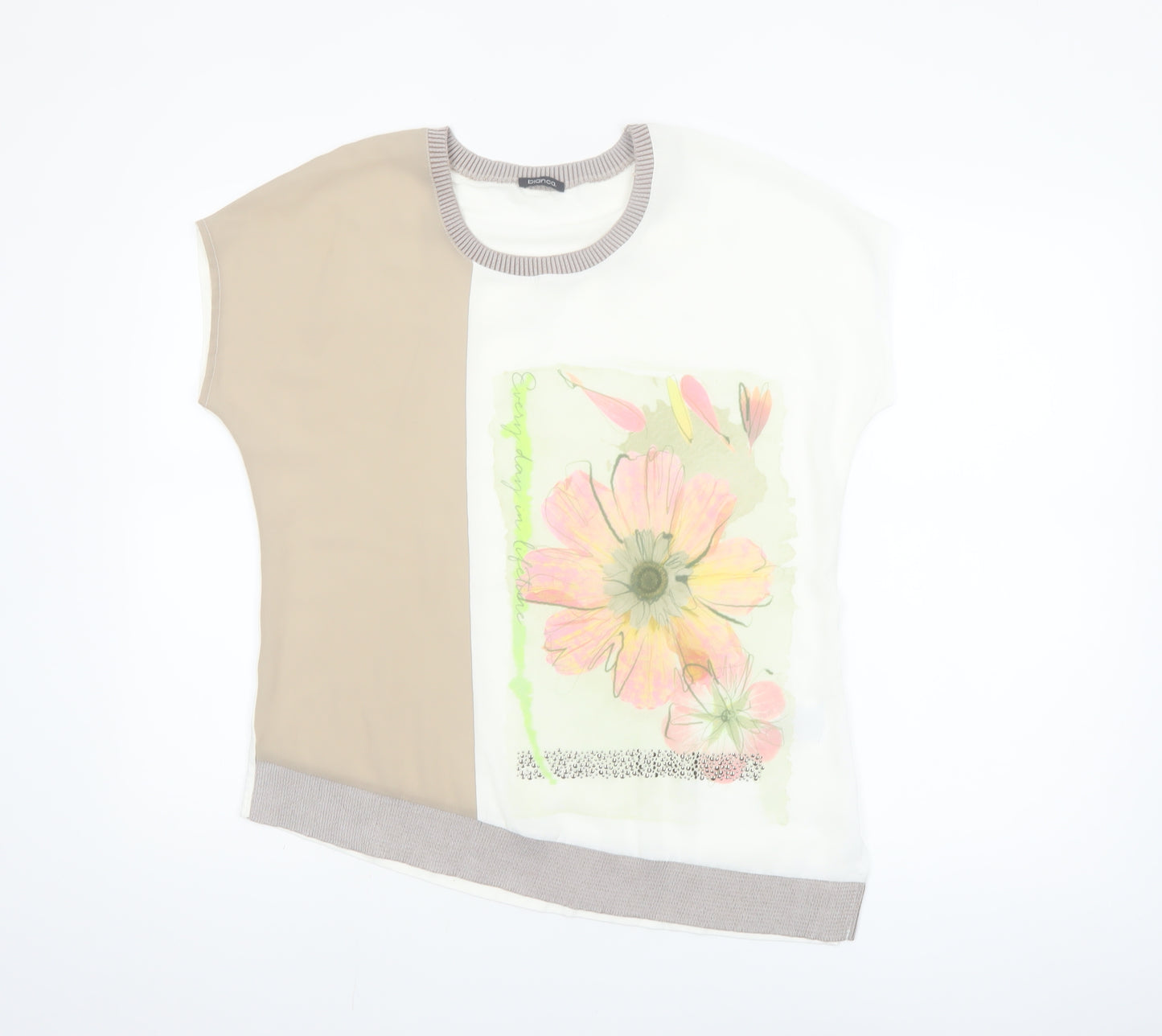 Bianca Women's Beige Floral Print Short Sleeve T-Shirt Size 12