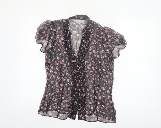 Wallis Women's Black Floral Chiffon Ruffle Blouse Size 12