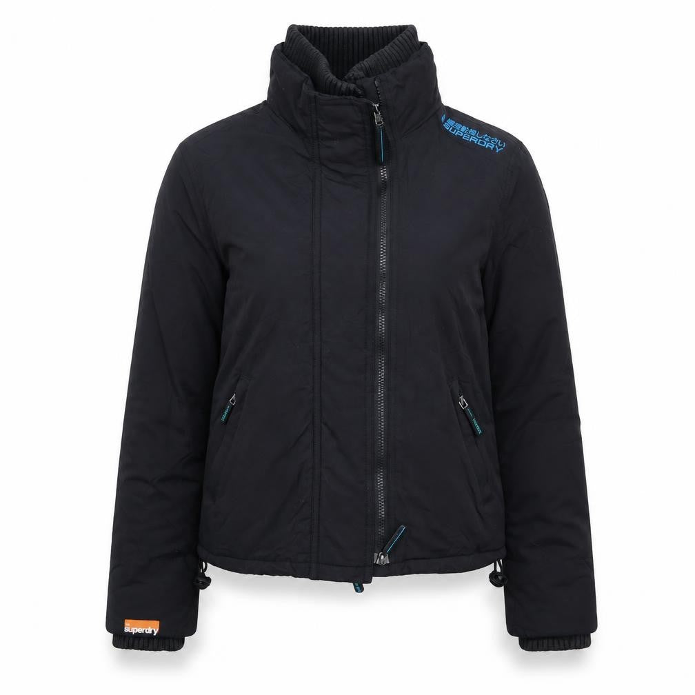 Front view of Superdry Women's Black Polyester Bomber Jacket, size S, Full Zip