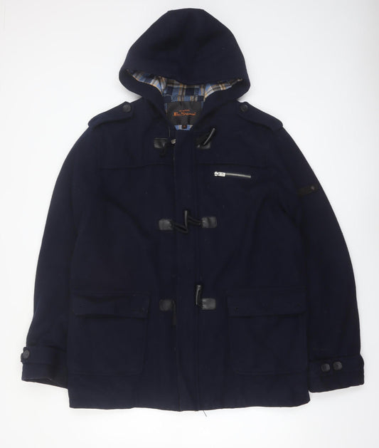 Ben Sherman Men's Blue Wool Blend Hooded Duffle Coat XL
