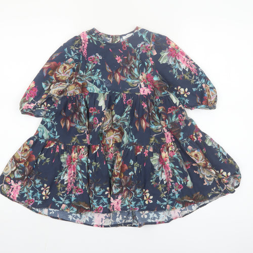 Next Girls Blue Floral Cotton A-Line Dress 4-5 Years 3/4 Sleeve