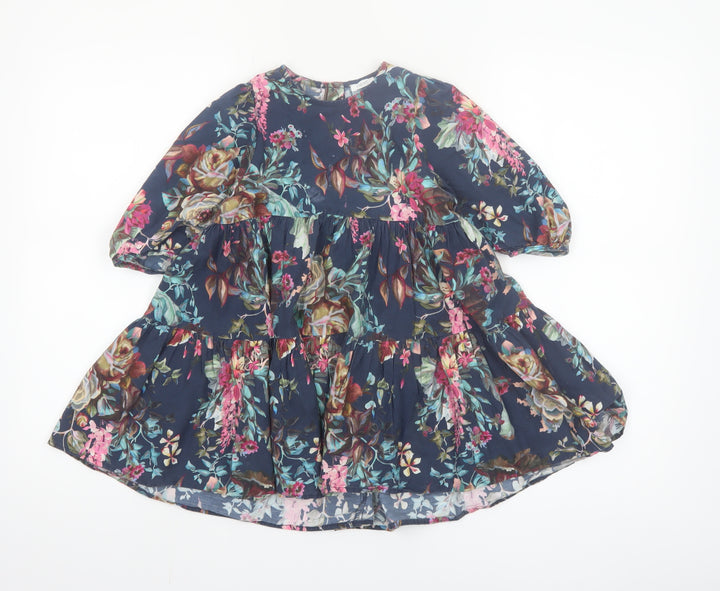 Next Girls Blue Floral Cotton A-Line Dress 4-5 Years 3/4 Sleeve