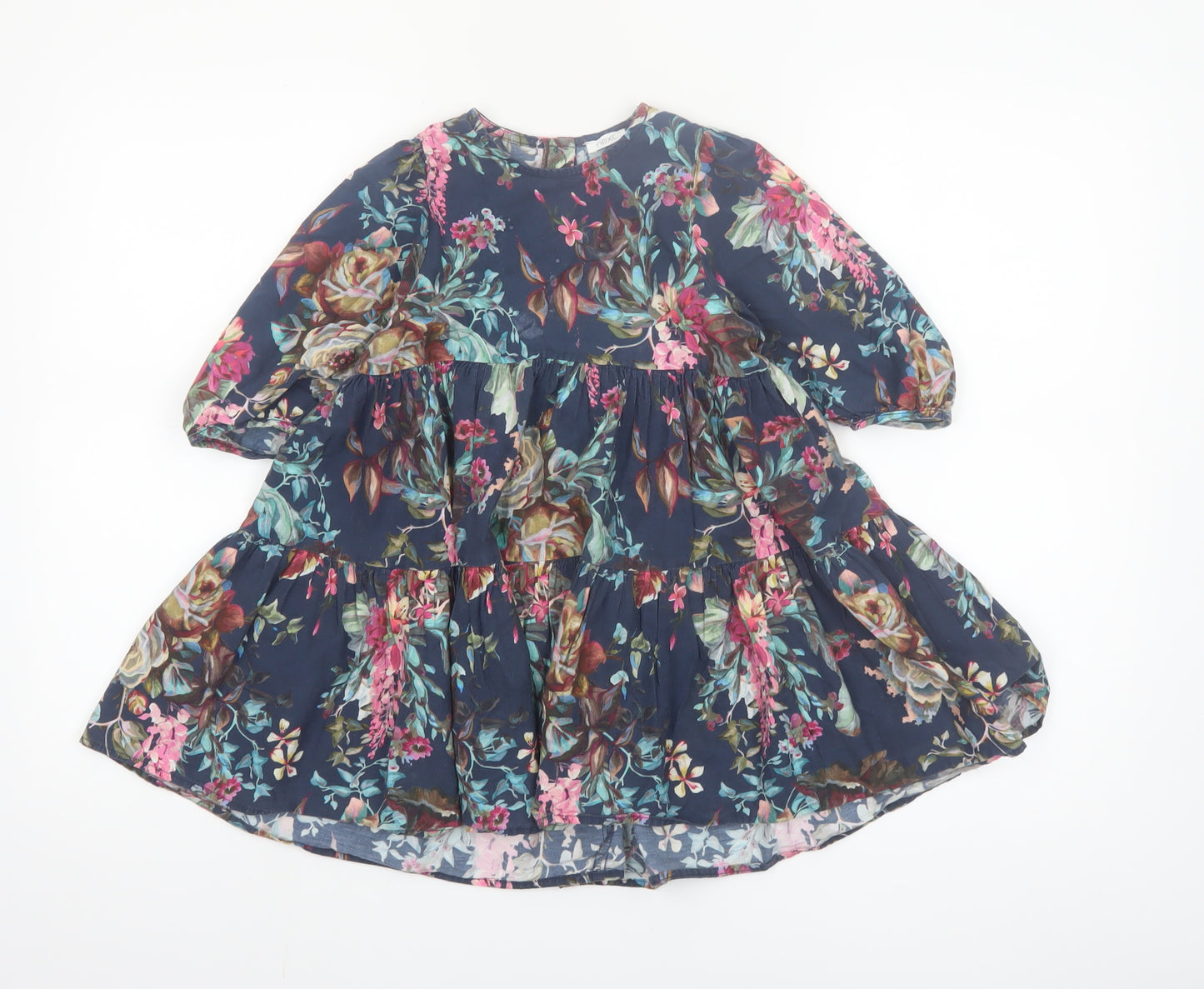 Next Girls Blue Floral Cotton A-Line Dress 4-5 Years 3/4 Sleeve