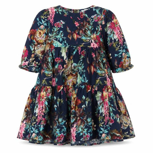 Next Girls Blue Floral Cotton A-Line Dress 4-5 Years 3/4 Sleeve