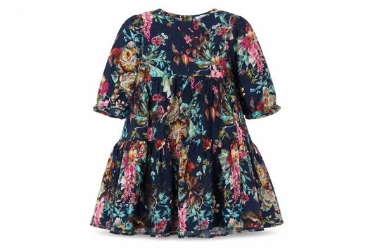 Next Girls Blue Floral Cotton A-Line Dress 4-5 Years 3/4 Sleeve