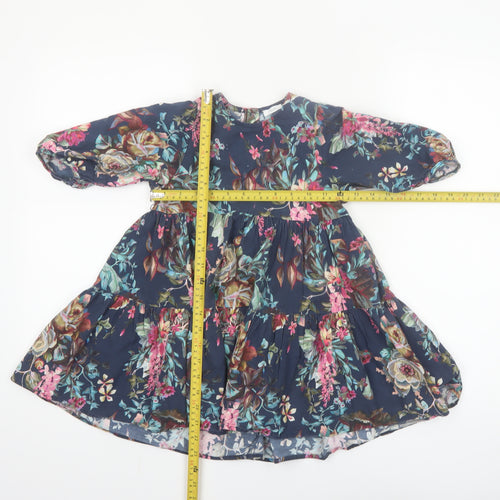 Next Girls Blue Floral Cotton A-Line Dress 4-5 Years 3/4 Sleeve