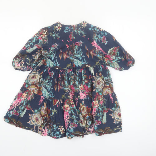 Next Girls Blue Floral Cotton A-Line Dress 4-5 Years 3/4 Sleeve