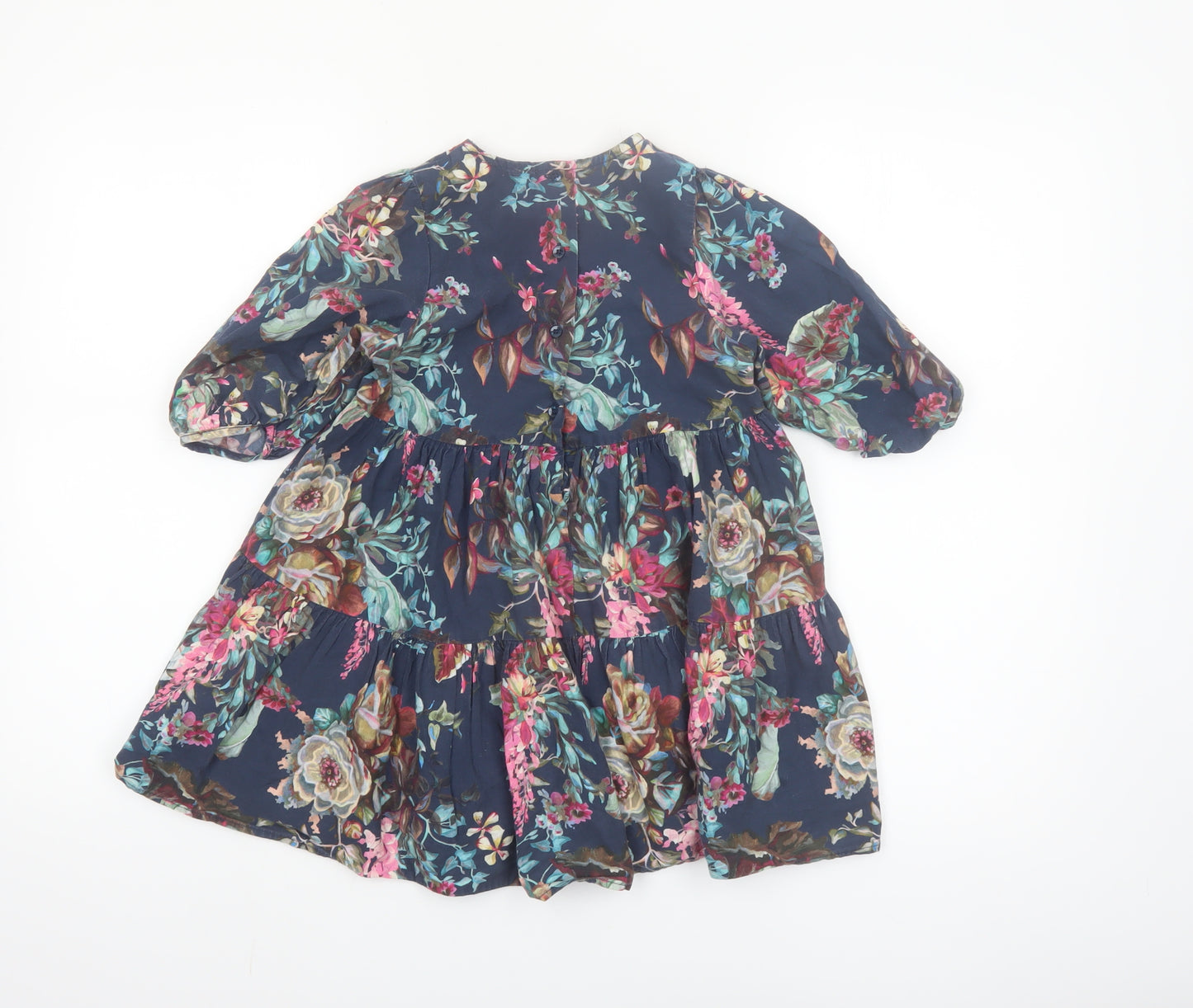 Next Girls Blue Floral Cotton A-Line Dress 4-5 Years 3/4 Sleeve