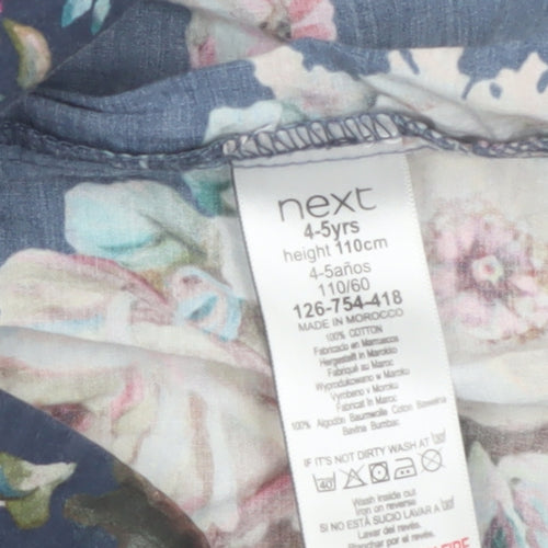 Next Girls Blue Floral Cotton A-Line Dress 4-5 Years 3/4 Sleeve