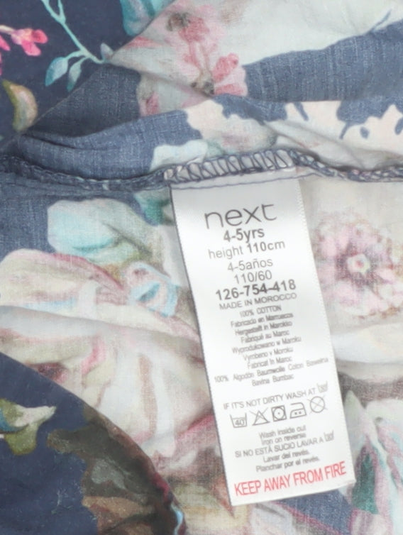 Next Girls Blue Floral Cotton A-Line Dress 4-5 Years 3/4 Sleeve