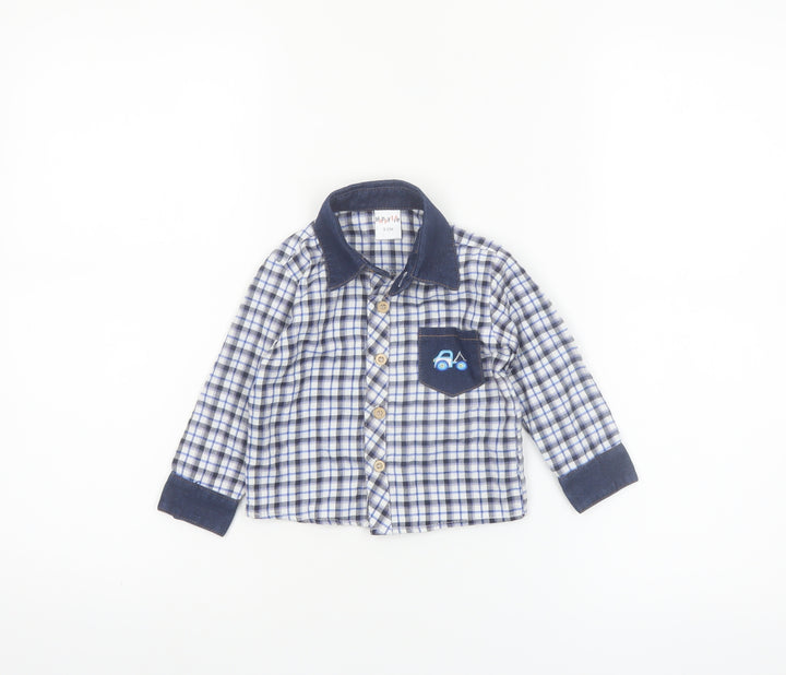 Happy Life Boys Blue Check Button-Up Long Sleeve Cotton Shirt 9-12 Months