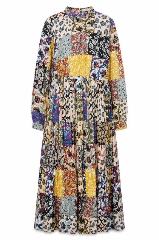 Front view of Exquiss's Women Multicoloured Midi A-Line Bohemian Patchwork Dress M