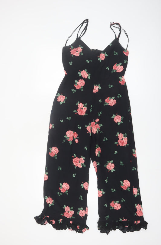 Nobody's Child Women's Black Floral Wide-Leg Jumpsuit Size 8