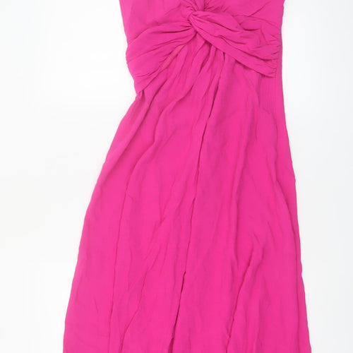 Zara Women Pink Midi Slip Dress XS Ruched Backless Summer Party