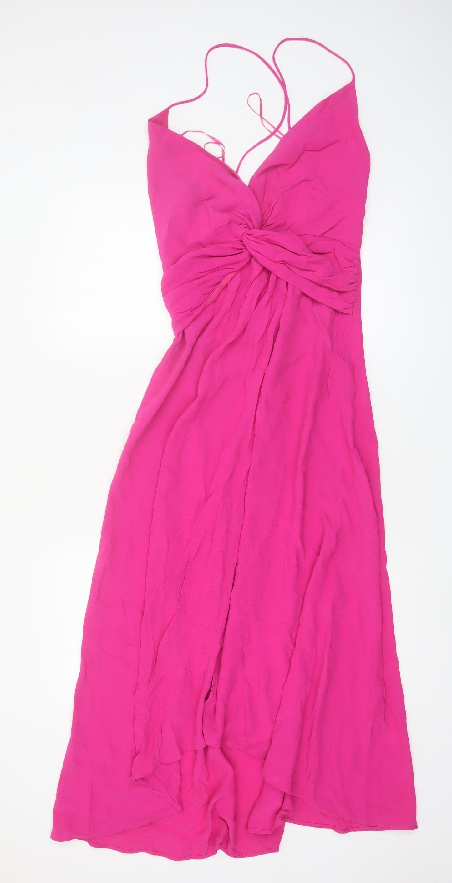 Zara Women Pink Midi Slip Dress XS Ruched Backless Summer Party