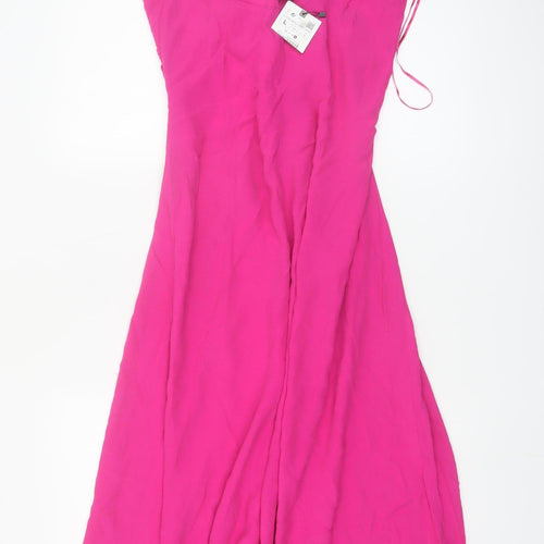 Zara Women Pink Midi Slip Dress XS Ruched Backless Summer Party