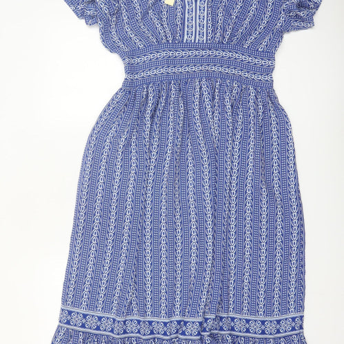 Max Studio Women Blue L Fit & Flare Midi Dress Bohemian V-Neck