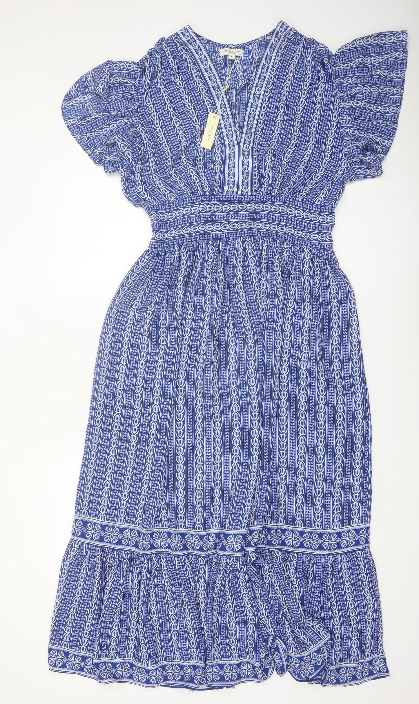 Max Studio Women Blue L Fit & Flare Midi Dress Bohemian V-Neck