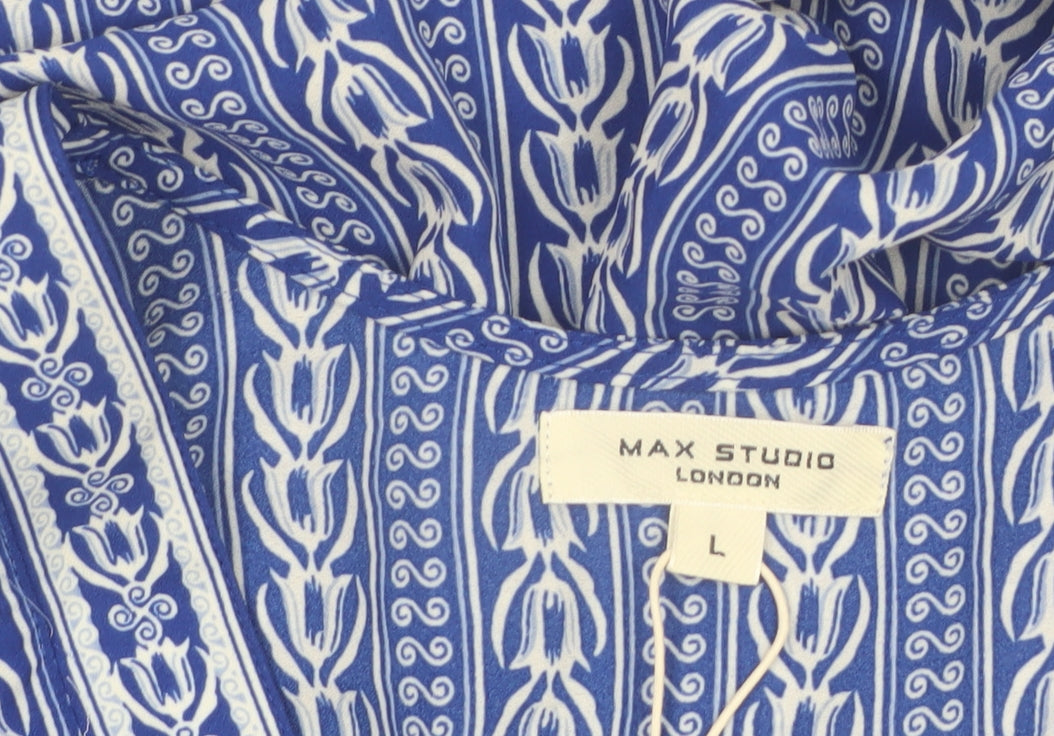 Max Studio Women Blue L Fit & Flare Midi Dress Bohemian V-Neck