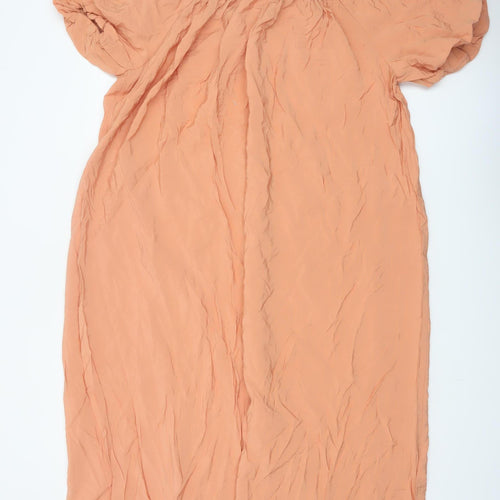 H&M Women Peach Puff Sleeve Midi Dress L Viscose Blend