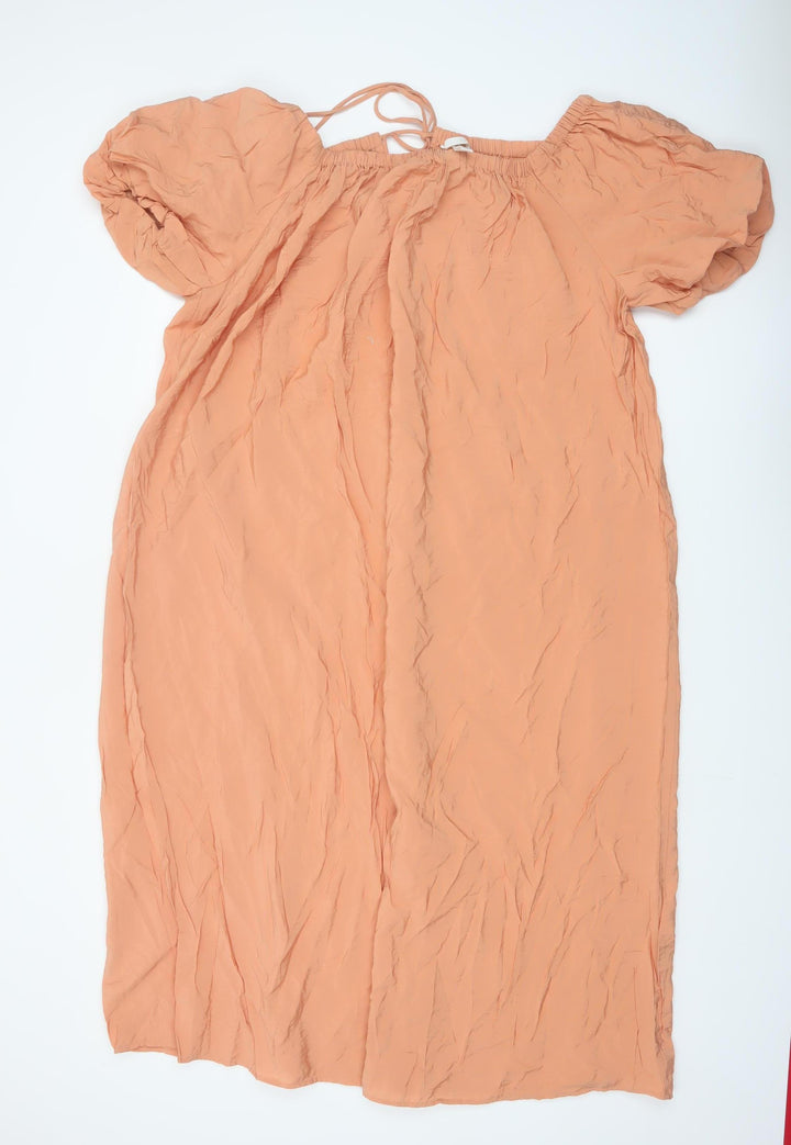 H&M Women Peach Puff Sleeve Midi Dress L Viscose Blend