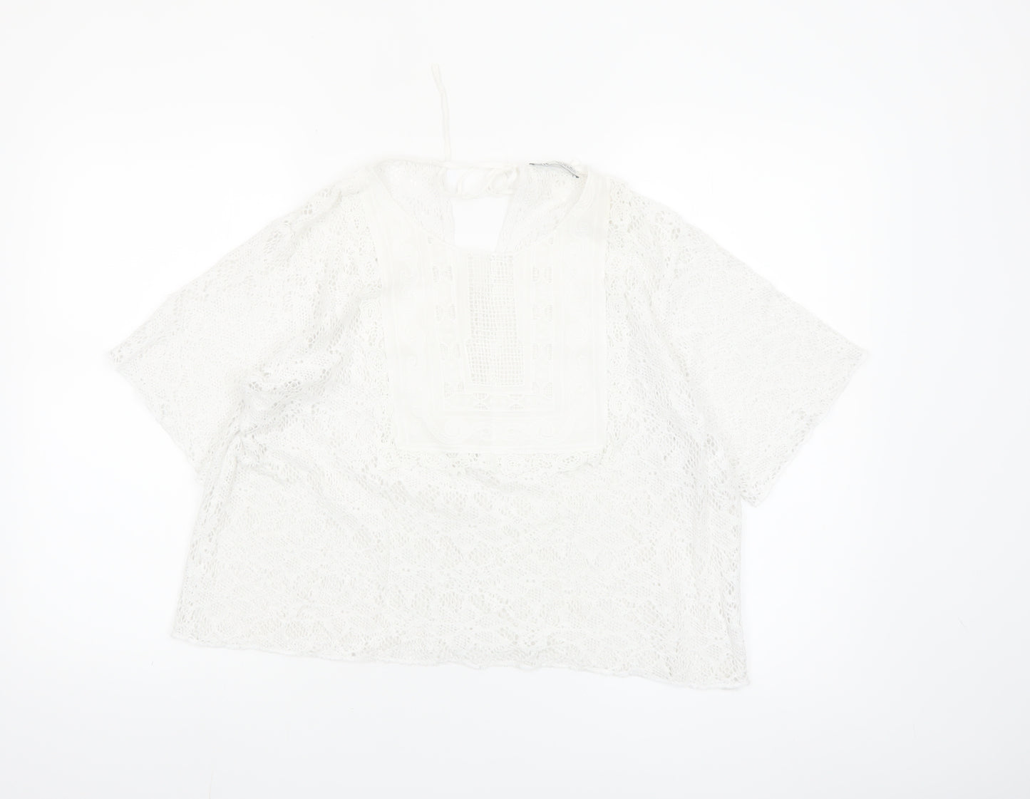 Zara Women's White Lace Tunic Blouse L Boho Crochet Summer Top
