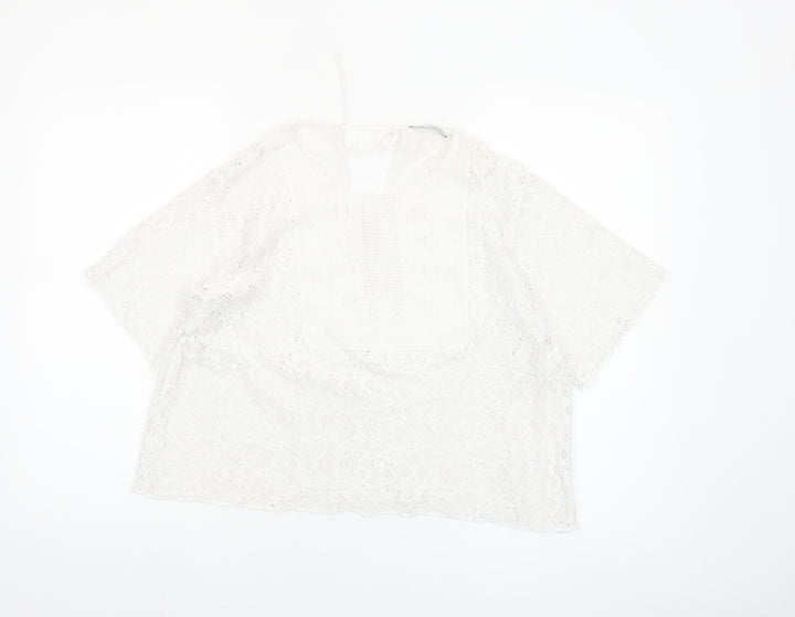 Zara Women's White Lace Tunic Blouse L Boho Crochet Summer Top