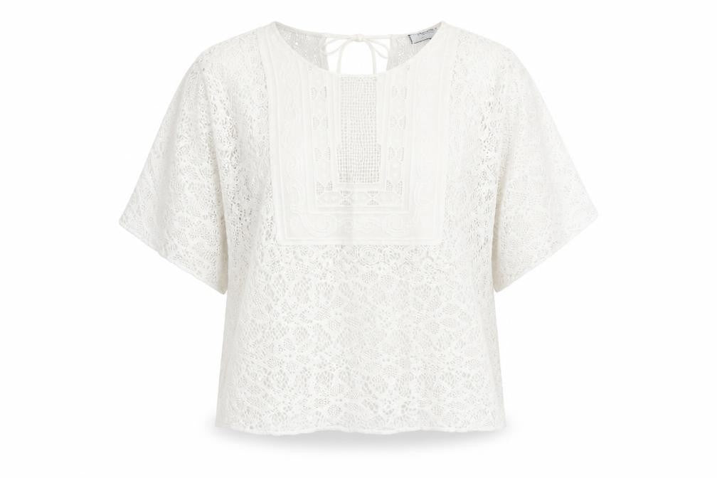 Zara Women's White Lace Tunic Blouse L Boho Crochet Summer Top