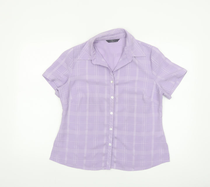 Bm Women's Purple Check Short Sleeve Collared Button-Up Blouse Size 14