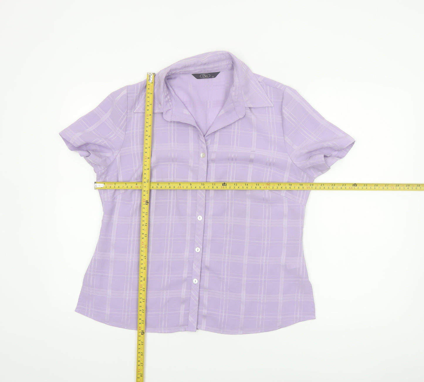 Bm Women's Purple Check Short Sleeve Collared Button-Up Blouse Size 14