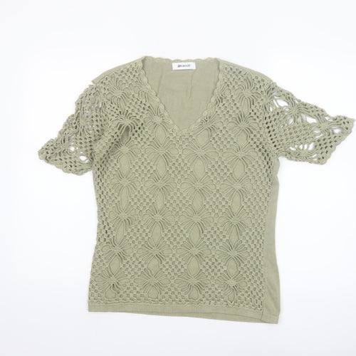 Damart Women’s Green Crochet Cotton Blouse Size 12/14 Short Sleeve
