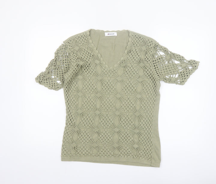 Damart Women’s Green Crochet Cotton Blouse Size 12/14 Short Sleeve