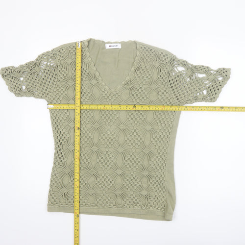 Damart Women’s Green Crochet Cotton Blouse Size 12/14 Short Sleeve