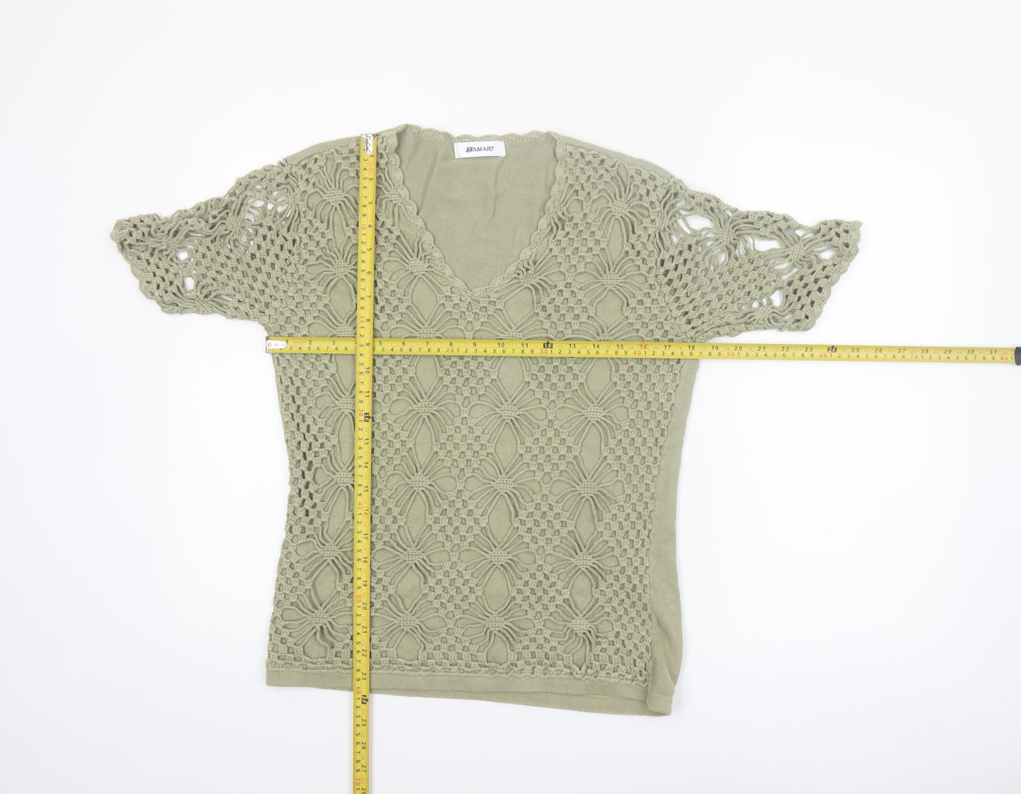 Damart Women’s Green Crochet Cotton Blouse Size 12/14 Short Sleeve