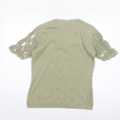 Damart Women’s Green Crochet Cotton Blouse Size 12/14 Short Sleeve