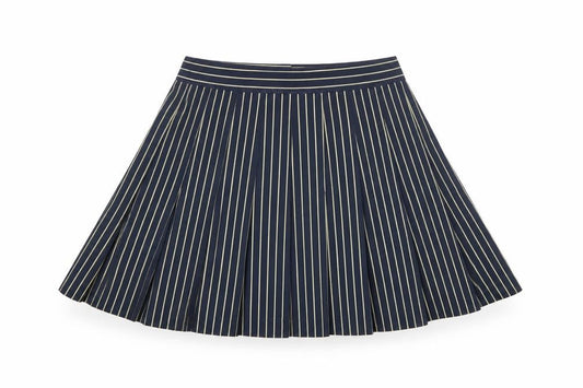 Front view of Tail women’s blue striped pleated skirt, size UK 10, microfibre